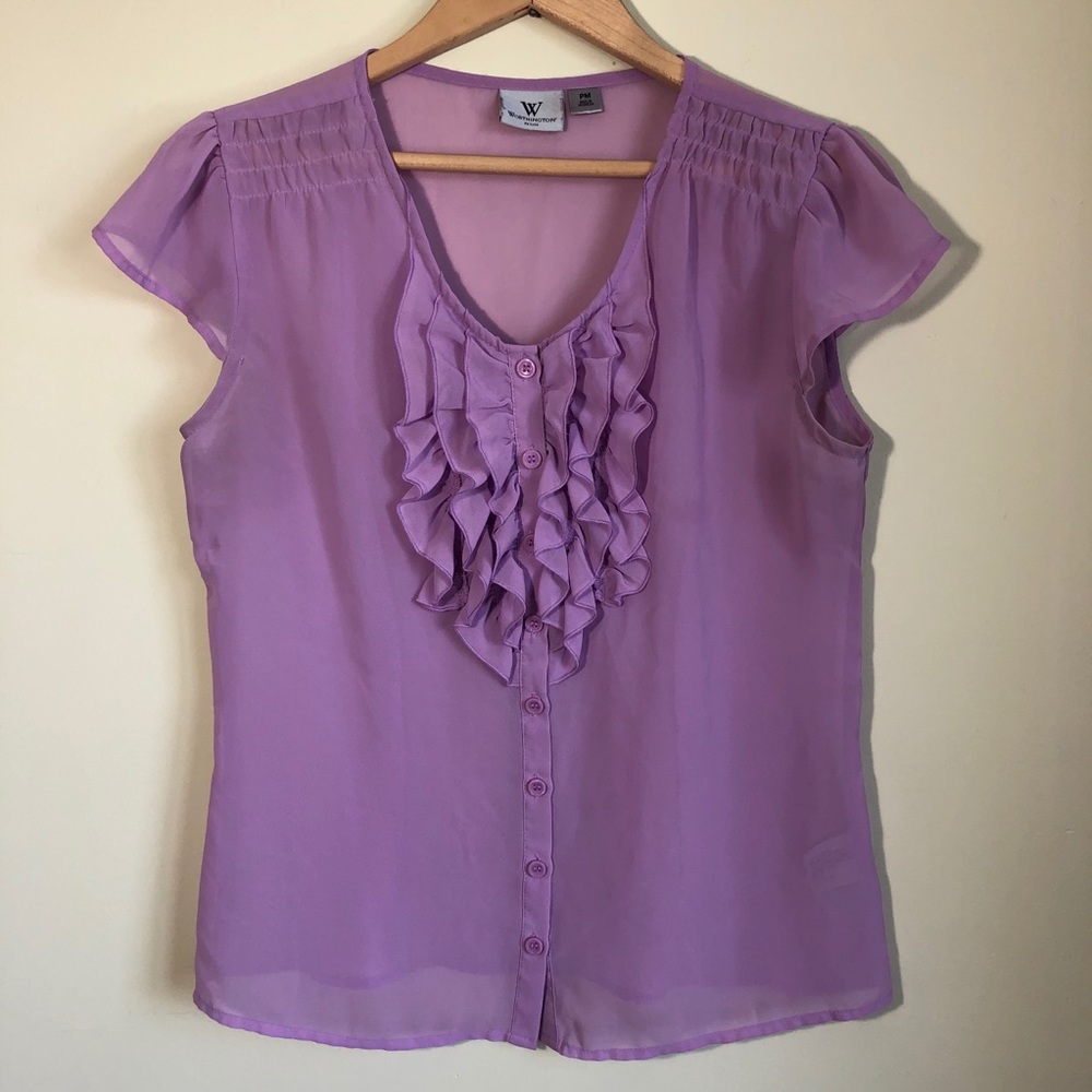 3/$30💚Worthington purple ruffle sheer blouse top size small womens